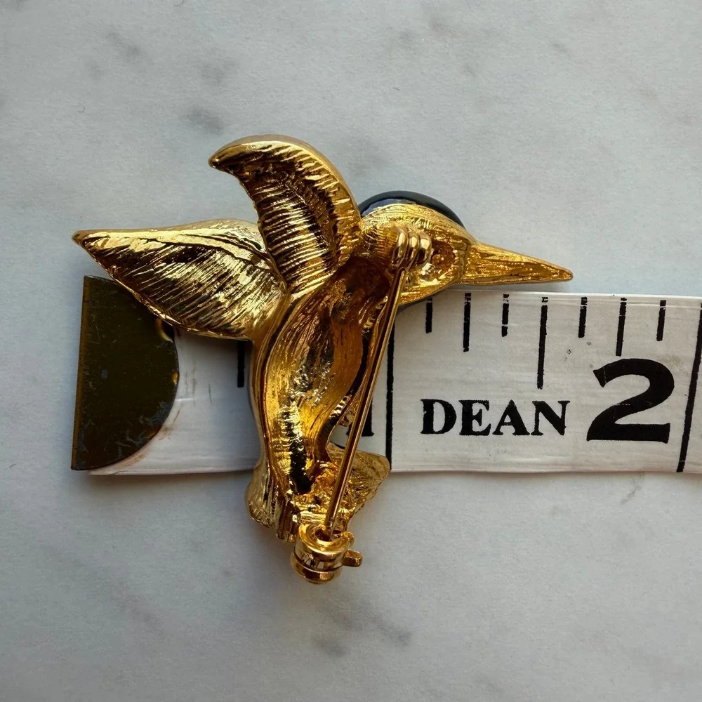 Hummingbird Brooch Enamel‎ Rhinestone Gold Tone Green Black Bird Pin 2 Inch